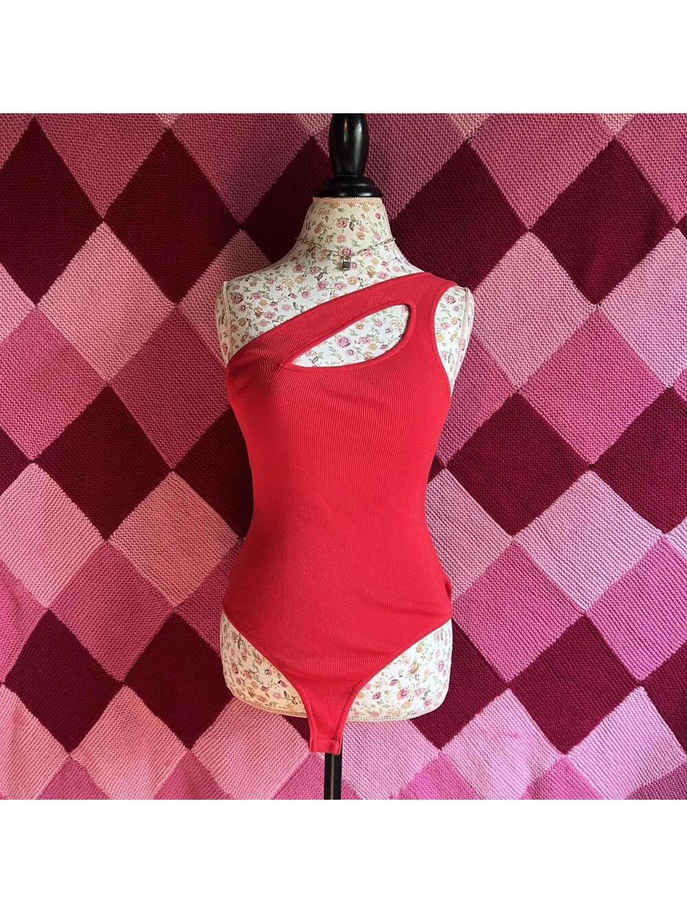 red one-shoulder ribbed bodysuit top
